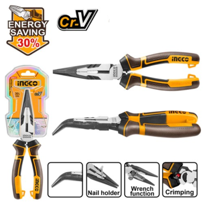 INGCO HHBNP28 ENERGY SAVING 30% بانسة بولاد بوز طويل معكوف صناعية High Leverage Bent Nose Pliers Cr-V