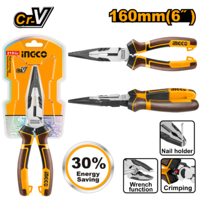 INGCO HHLNP28160 6" 160MM ENERGY SAVING 30% بانسة بولاد بوز طويل صناعية High Leverage Long Nose Pliers