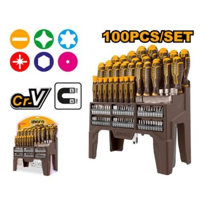 INGCO HKSD10028 100Pcs طقم مفكات مسكة كوتشوك صناعيي مع ستاند Screwdriver Set