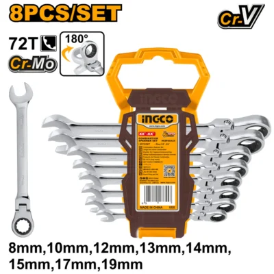 INGCO HKSPAR1083 8PCS 8 - 19 MM طقم شق مسنن طقطاق بيطوي Flex Ratchet Combination Spanner Set
