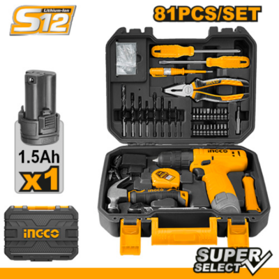 INGCO HKTHP10811 81PCS 12V طقم عدة مع مقدح بطارية Cordless Drill Driver with Household Tools Set