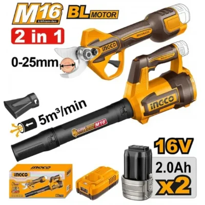INGCO COSLI250385 16V 2BATT 2AH+CHAR+BOX 25MM BL مقص شحالة + بلور حدائق Combo Kit Cordless Garden Shears and Blower Set