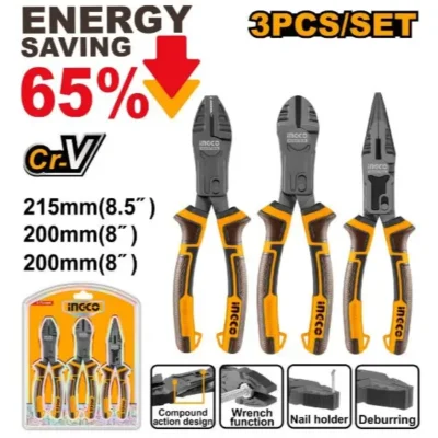 INGCO HKCPS5831 3PCS ENERGY SAVING 65% طقم بانسات وقطاعة بولاد صناعي compound action pliers set