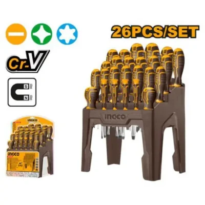 INGCO HKSD2628 26PCS طقم مفكات مسكة كوتشوك صناعيي مع ستاند Screwdriver Set