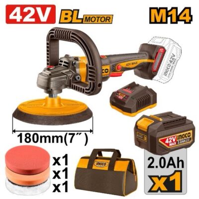 INGCO APLI42181 42V 1BATT 2AH+CHAR+BAG 180MM BL صاروخ بوليش بطارية سرعات Cordless Polisher