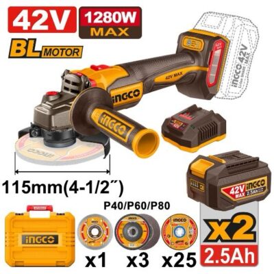 INGCO CAGLI4128112 42V 1280W 2BATT 4A+CHAR+BOX BL صاروخ بطارية Industrial Angle Grinder