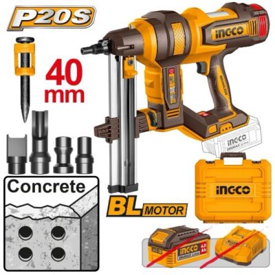 INGCO CCNLI9005 20V BOX 40MM فرد مسمار باطون على البطارية Brushless Cordless Concrete Nailer