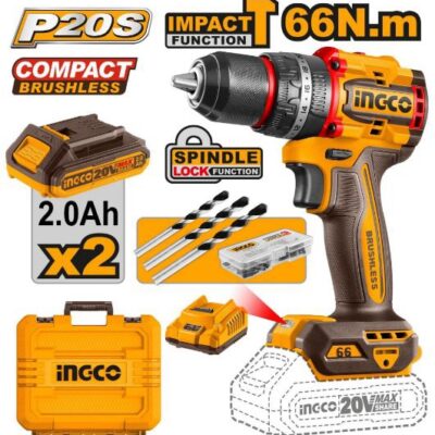 INGCO CIDLI20668 20V 2BATT 2A+CHAR+BOX 13MM BL 66N مقدح بطارية صناعي رجراج Brushless Compact Impact Cordless Drill