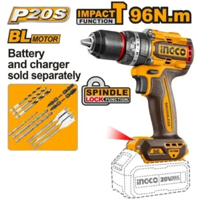 INGCO CIDLI209681 20V 13MM 96N.M BL مقدح بطارية صناعي رجراج فدار Cordless Impact Drill (Bare Tool)