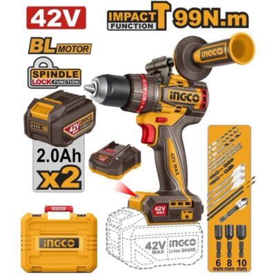INGCO CIDLI429982 42V 2BATT 2AH+CHAR+BOX 13MM 99N.M BL مقدح بطارية صناعي  Brushless Cordless Impact Drill Industrial
