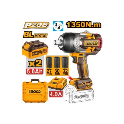 INGCO CIWLI20135 20V 2BATT 5A+CHAR+BOX BL 1350N.M 3/4" فرد شد عزق بطارية Cordless Industrial Impact Wrench