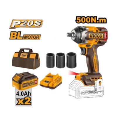 INGCO CIWLI2050 20V 2BATT 4A+CHAR+BOX BL 500N 1/2" فرد شد عزق بطارية Cordless Brushless motor Impact Wrench