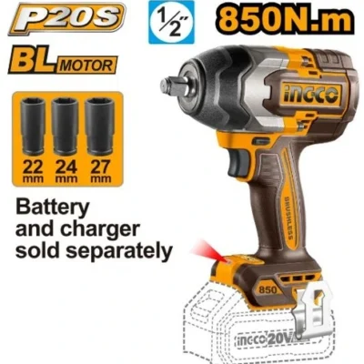 INGCO CIWLI20851 20V 3 SOCKETS(22,24,27)MM BL 850N 1/2" فرد شد عزق بطارية فدار Brushless Cordless Impact Wrench (Bare Tool)