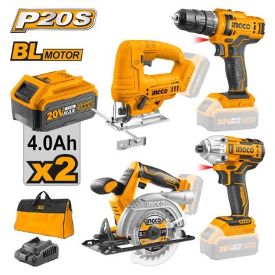 INGCO CKLI20104 20V 2BATT 4A+CHAR+BAG مجموعة مقائدح+خراقة+منشار صدر Cordless 4Pcs Combo Kit