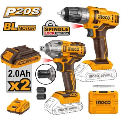 INGCO COSLI230702 20V 2BATT 2AH+ BOX فرد شد عزق "1/2 300 + مقدح بطارية Combo Kit cordless drill  impact wrench