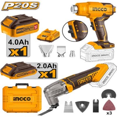 INGCO COSLI230703 20V 1BATT 2AH+1BAT 4A H+ MULTI Function سشوار حراري Cordless 2 Pcs combo kit Heat Gun + Multi-Tool