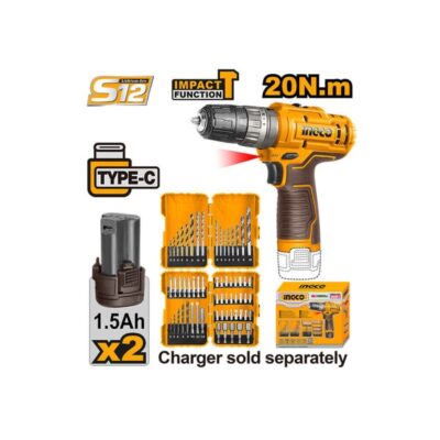 INGCO COSLI23114 12V 2 BATT + مقدح رجراج + طقمين ريش واكسسوار Cordless Impact Drill Set