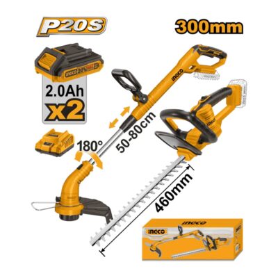 INGCO COSLI240585 20V 2BATT 2AH+CHAR منشار مرجان لتشحيل الشجر+حشاشة بطارية يدوية Cordless Grass & Hedge Trimmer Combo Kit