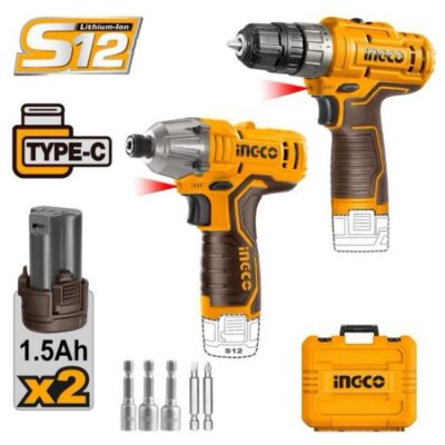 INGCO COSLI240586 12V 2BATT 1.5AH TYPE C+BOX مقدح بطارية+مقدح وز Cordless Screwdriver Set