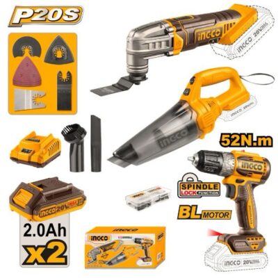 INGCO COSLI240685 20V 2BATT + CHAR مقدح + مكنسة + آلة متعدد الاستعمالات Cordless Combo Set Drill Vacuum And Multi Tool