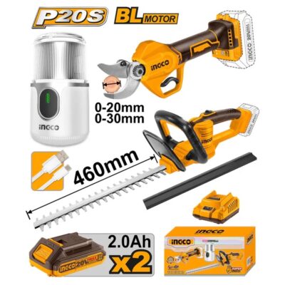 INGCO COSLI240688 20V 2BATT 2AH+CHAR مقص شحالة+منشار تشحيل شجر+مطحنة بن Cordless Combo Kit  Hedge Trimmer with Gauge Straight Shear  Cordless Coffee Grinder