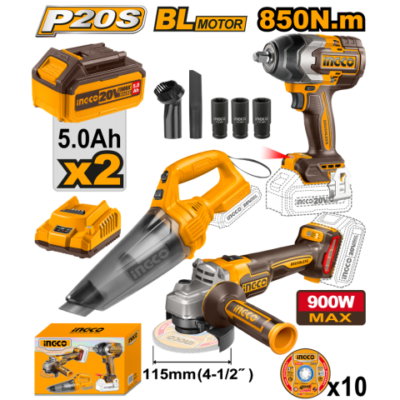 INGCO COSLI240789 20V 850N.M صاروخ +مكنسة فارة + 10 ديسكات + فرد شد Combo Kit Cordless impact wrench angle grinder vacuum cleaner 3Pcs