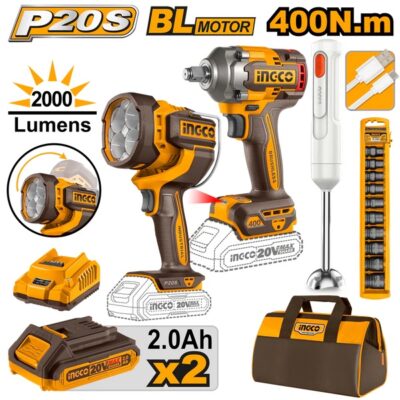 INGCO COSLI240961 20V 2BATT 2AH BAG 400N فرد شد عزق+برجكتير+بلاندر Cordless Combo Kit Impact Wrench Work Lamp, Hand Blender & 1/2" Drive Impact Socket Set