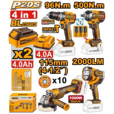 INGCO COSLI241292 20V 2BATT 4AH فرد شد+مقدح بطارية رجراج+صاروخ+بروجكتير يد+اكسسوار Combo Kit 4Pcs Impact Drill Impact Wrench Angle Grinde Work Lamp