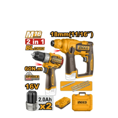INGCO COSLI241295 16V 2BATT 2AH + CHAR + BOX BL SDS مقدح + مقدح Combo Kit for Drilling