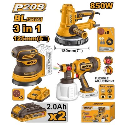 INGCO COSLI250282 20V 2BATT 2AH BL مجموعة حفافات وفرد رش بويا على البطارية Cordless Combo Kit Set Drywall Sander Random Orbit Sander Spray Gun