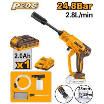 INGCO CPWLI20282 20V 24.5 1BATT 2A+CHAR فرد غسيل بوز رفيع بطارية Cordless Pressure Washer with Battery & Charger