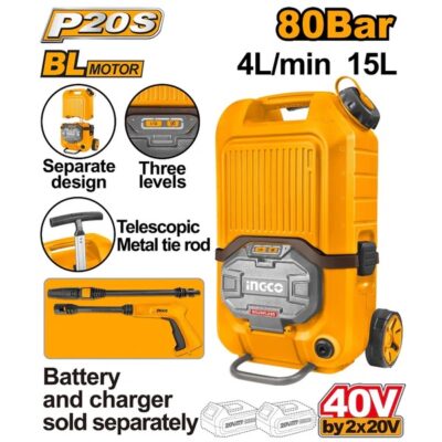 INGCO CPWLI4006 40 V 80 BAR مكنة غسيل مع خزان  Brushless Cordless Pressure Washer