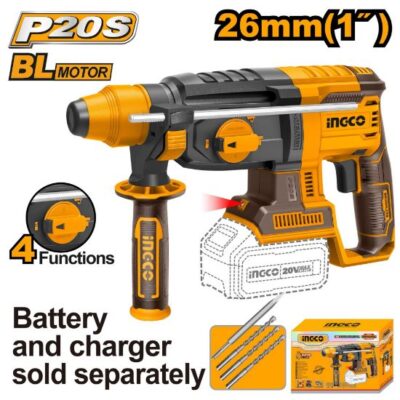INGCO CRHLI20228 20V 26MM BL برم وتكسير بطارية SDS مقدح Cordless 4 Functions Rotary Hammer