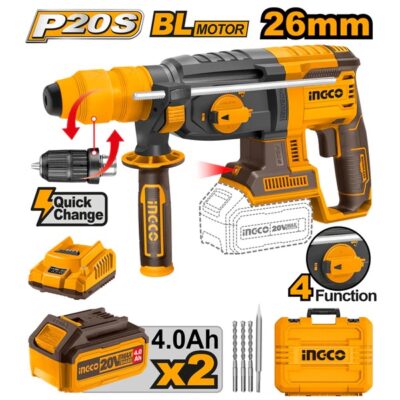 INGCO CRHLI202289 20V 2BATT 4A BOX 4FUNCTIION BL برم وتكسير راس تبديل بطارية SDS مقدح Cordless Rotary Hammer With Chuck