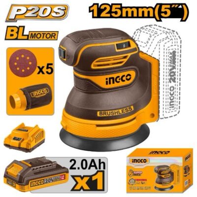 INGCO CROSLI20021 20V 1BATT 2AH+CHAR BL125MM حفافة مبرومة بطارية CORDLESS RANDOM ORBIT SANDER