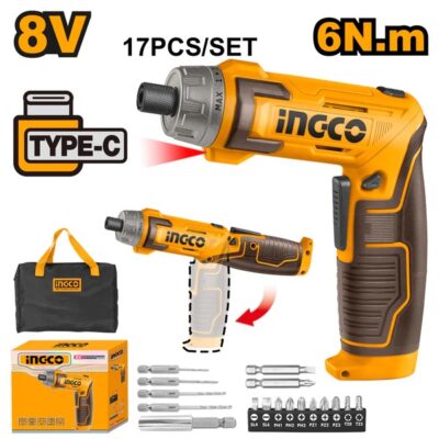 INGCO CSDLI0802 17PCS TYPE C 8V مفك بطارية قبضة متحركة Cordless Screwdriver