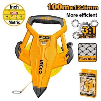 INGCO HFMT82100 100 M X 12.5 MM مازورة كيل فايبر براس شك Fiberglass Measuring Tape with 3:1 Gear Ratio for Fast Rewind