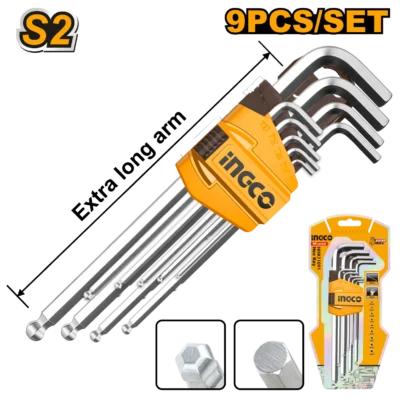 INGCO HHK12092 9 PCS طقم مسدس طويل غلة Allen Hex key | Extra-Long Arm Ball Point Set