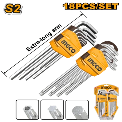 INGCO HHKSET0181 18 PCS EXTRA LONG طقم مسدس + منجم Hex Key and Torx Key Set