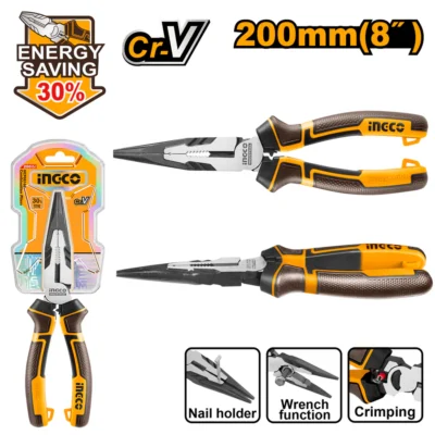 INGCO HHLNP28200 8" 200MM ENERGY SAVING 30% بانسة بولاد بوز طويل صناعية High Leverage Long Nose Pliers