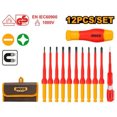 INGCO HKISD1201 12PCS 1000V طقم مفكات شق ومصالب معزول مسكة تبديل Interchangeable Insulated Screwdriver with Voltage Tester Set