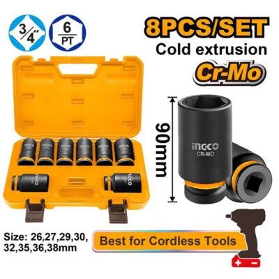 INGCO HKISSD34082L 8PCS 3/4"X90MM SIZE:(26,27,29,30,32,35) BOX+ طقم طربوش بولاد DR. Deep impact socket set