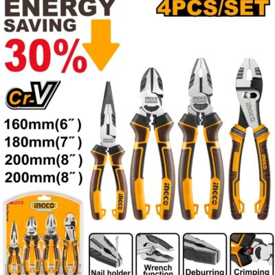 INGCO HKPS28488 4PCS ENERGY SAVING 30% طقم بتنسات وقطاعات بولاد صناعي High Leverage Pliers Set