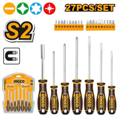 INGCO HKSDS2728 27PCS طقم مفكات مسكة كوتشوك + مفك مع رؤوس صناعي Set Screwdriver Phillips, Slotted, Hex & Torx