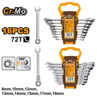 INGCO HKSPAR2016 2SET/16PCS طقمين شق مسنن طقطاق ثابت ومتحرك Ring Ratchet Spanner Set