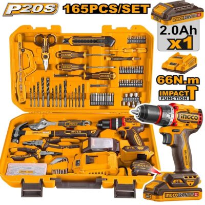 INGCO HKTHP11651 165PCS 20V 1 BATT+CHAR 66 N.M طقم عدة + مقدح بطارية Cordless Impact Drill + Tools Set