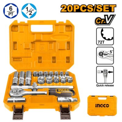 INGCO HKTS12201 20PCS 1/2" طقم طربوش طقطاق علبة بلاستك Socket Set