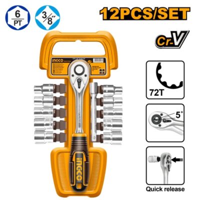 INGCO HKTS38122 12PCS 3/8" طقم طربوش مع طقطاق Socket Wrench Ratchet Spanner