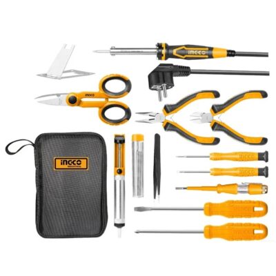 INGCO HKTTS0131 13PCS طقم عدة مع شنطة قماش Telecom Tool Set Pliers Scissors Soldering Iron Tweezers Pump