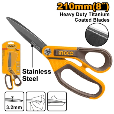 INGCO HSCRS812108 210MM(8") مقص ستانلس مطلي تيتانيوم Rubber Grip Long-Blade Scissors